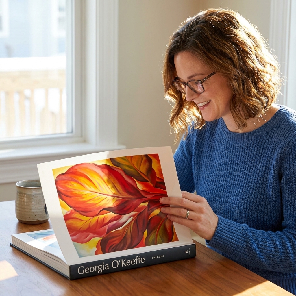 A Georgia O’Keeffe art book lying open to a vivid flower painting, with natural light emphasizing the color