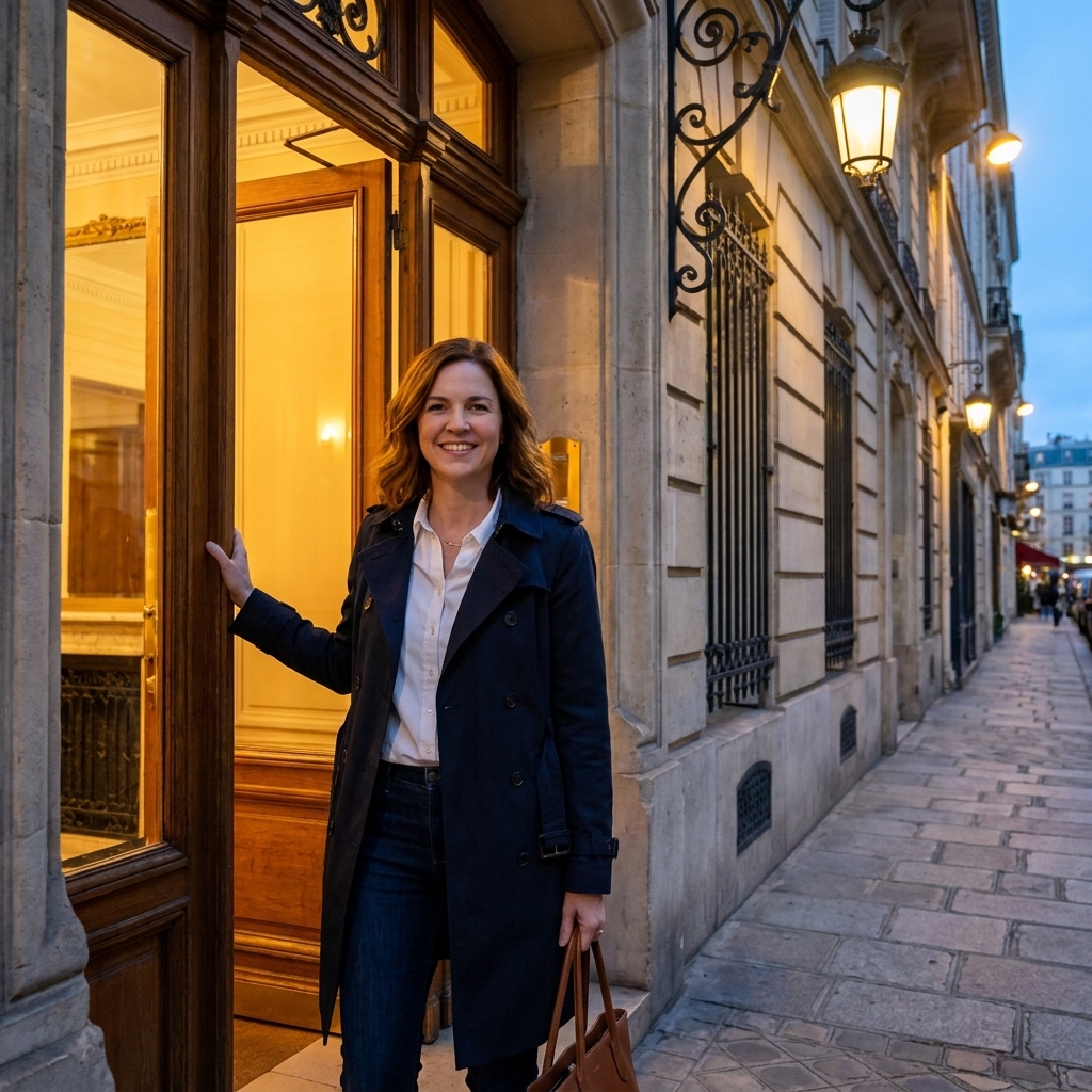 A Parisian apartment building entrance with warm interior light spilling onto the sidewalk in early evening