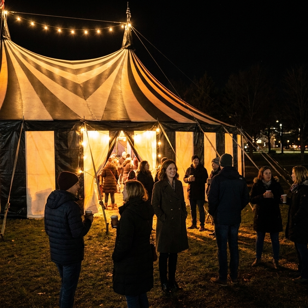 A black-and-white striped circus tent at night with warm lights glowing from inside and a small crowd gathered near the entrance