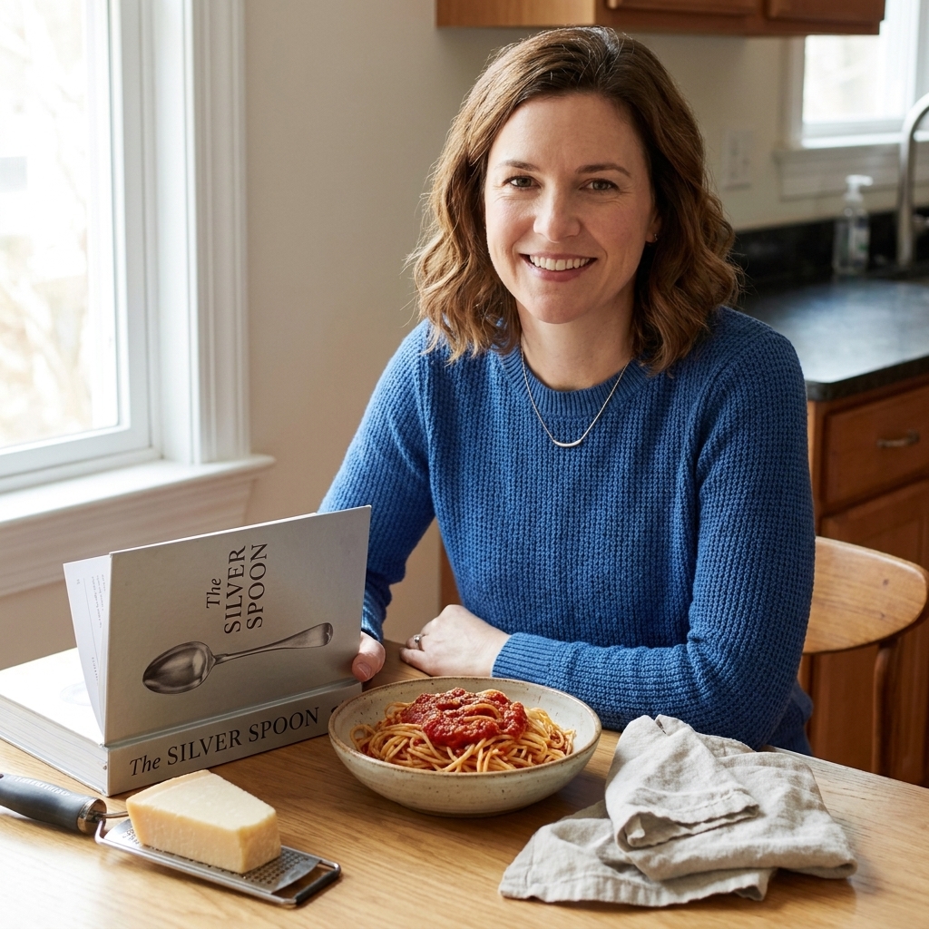 A bright kitchen table with an open copy of 'The Silver Spoon' next to a bowl of pasta, a wedge of Parmesan, and a folded linen towel