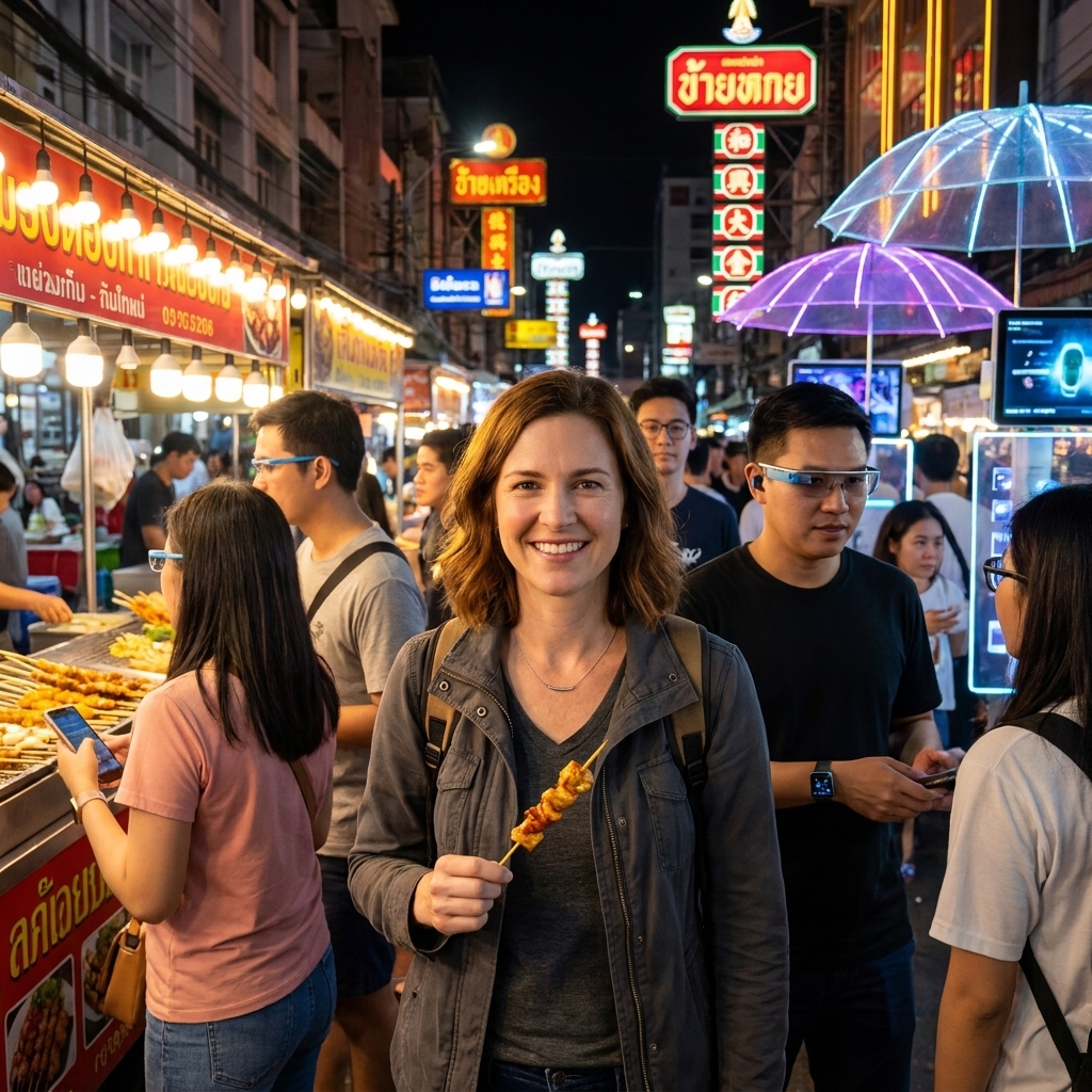 A busy street market in Bangkok with warm lights and crowds, evoking a near-future urban atmosphere