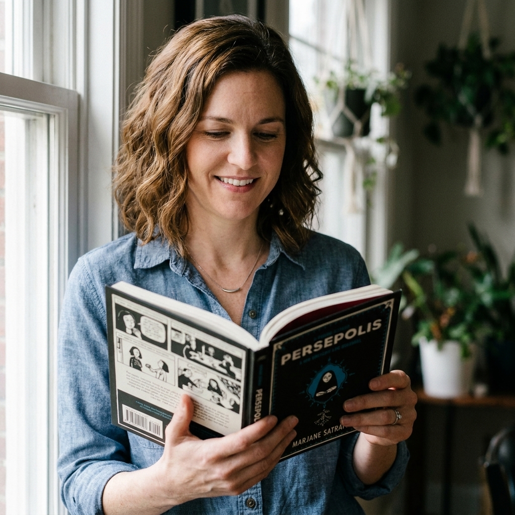 A candid photograph of the book 'Persepolis' by Marjane Satrapi held in two hands in soft window light