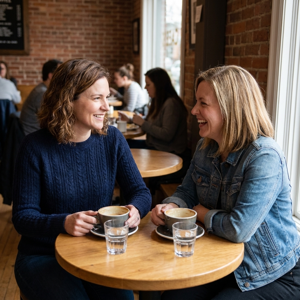 A candid photograph of two friends seated across from each other at a small café table with half-finished drinks