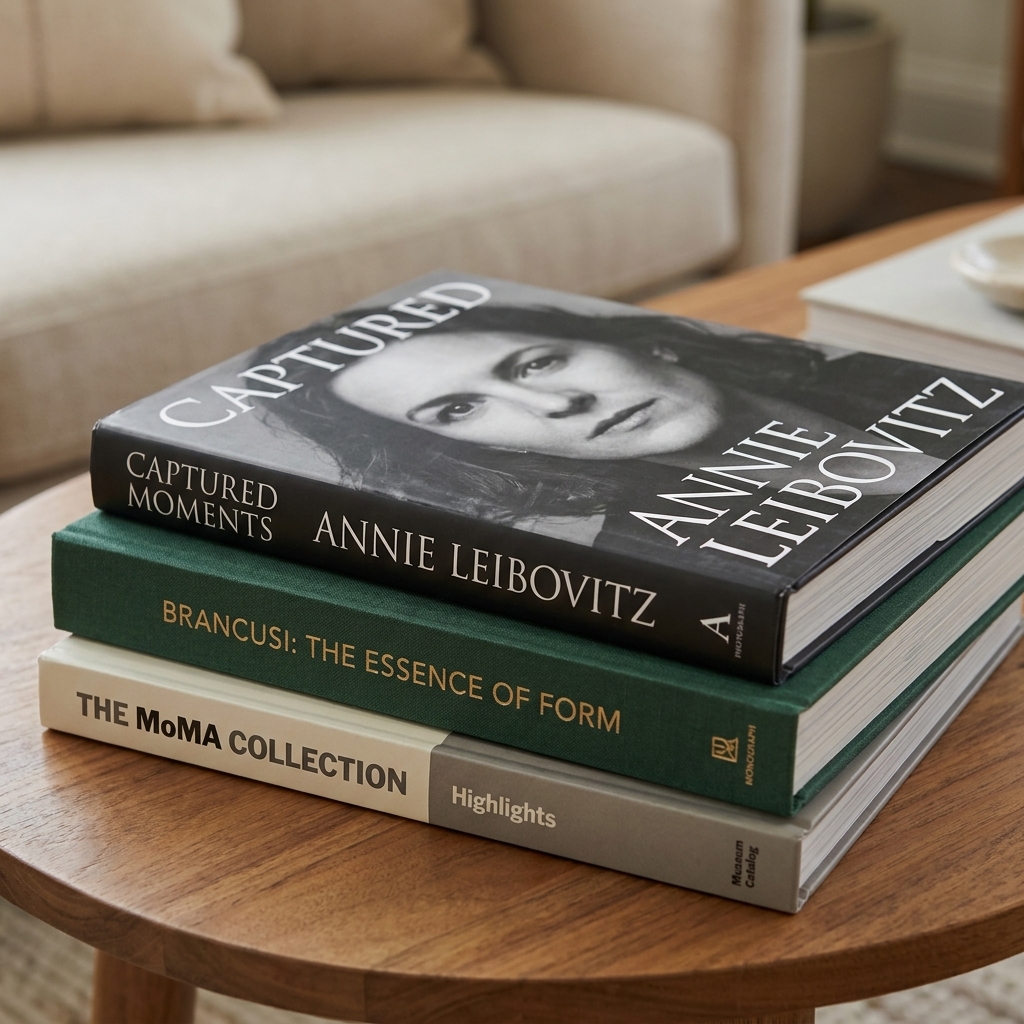 A close-up of a coffee table stack featuring a large photography book with a bold cover, a cloth-bound art monograph, and a smaller matte museum catalog, arranged neatly