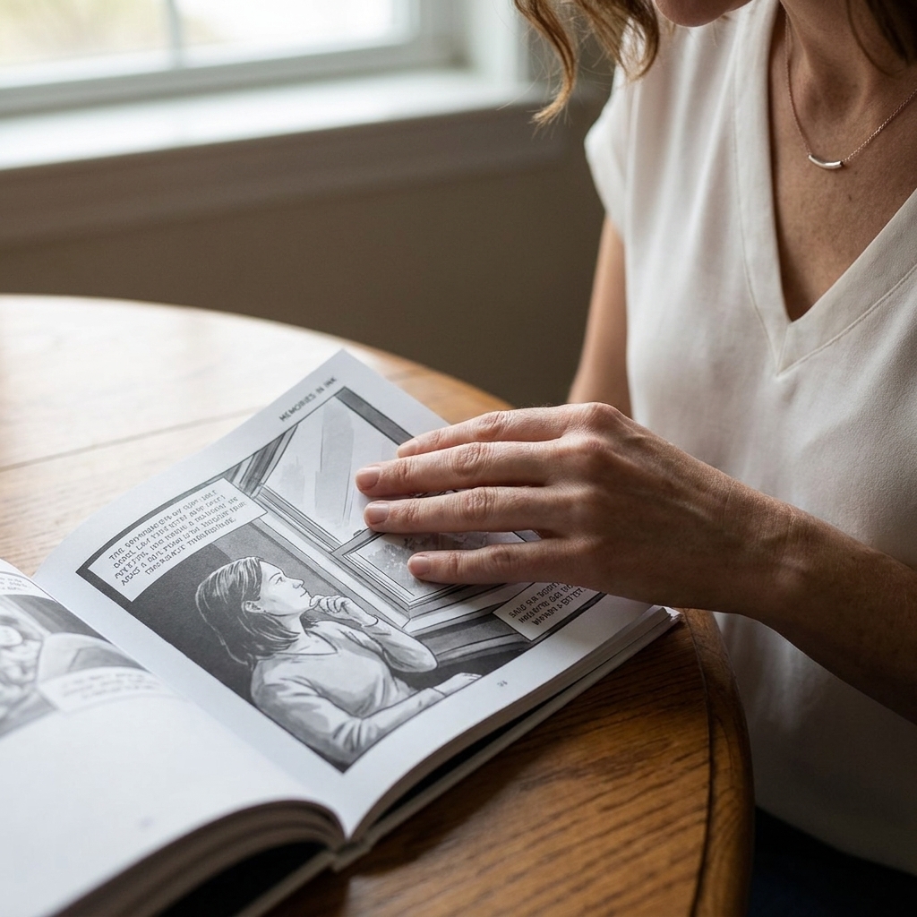 A close-up of an open graphic memoir on a table, a reader’s hand resting lightly on the page as if pausing to take it in, soft indoor lighting