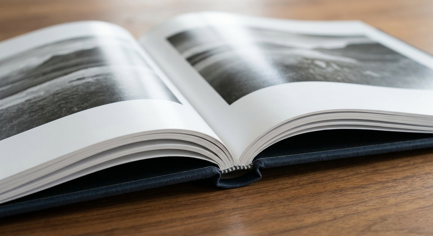 A close-up photo of a hardcover photography book opened to show clean, glossy pages and a tight binding near the spine