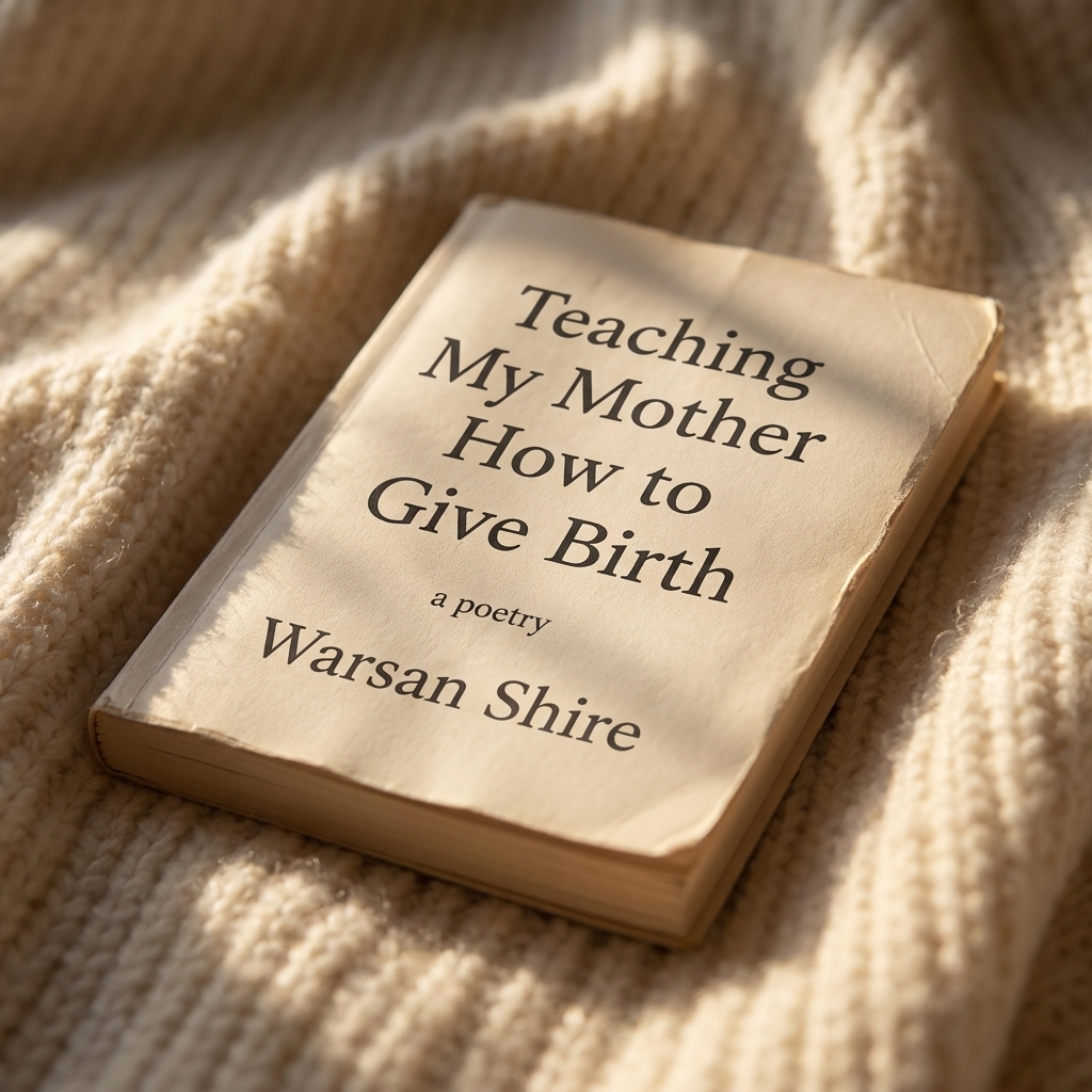 A close-up photo of the poetry book Teaching My Mother How to Give Birth by Warsan Shire placed on a soft blanket with morning light falling across the cover