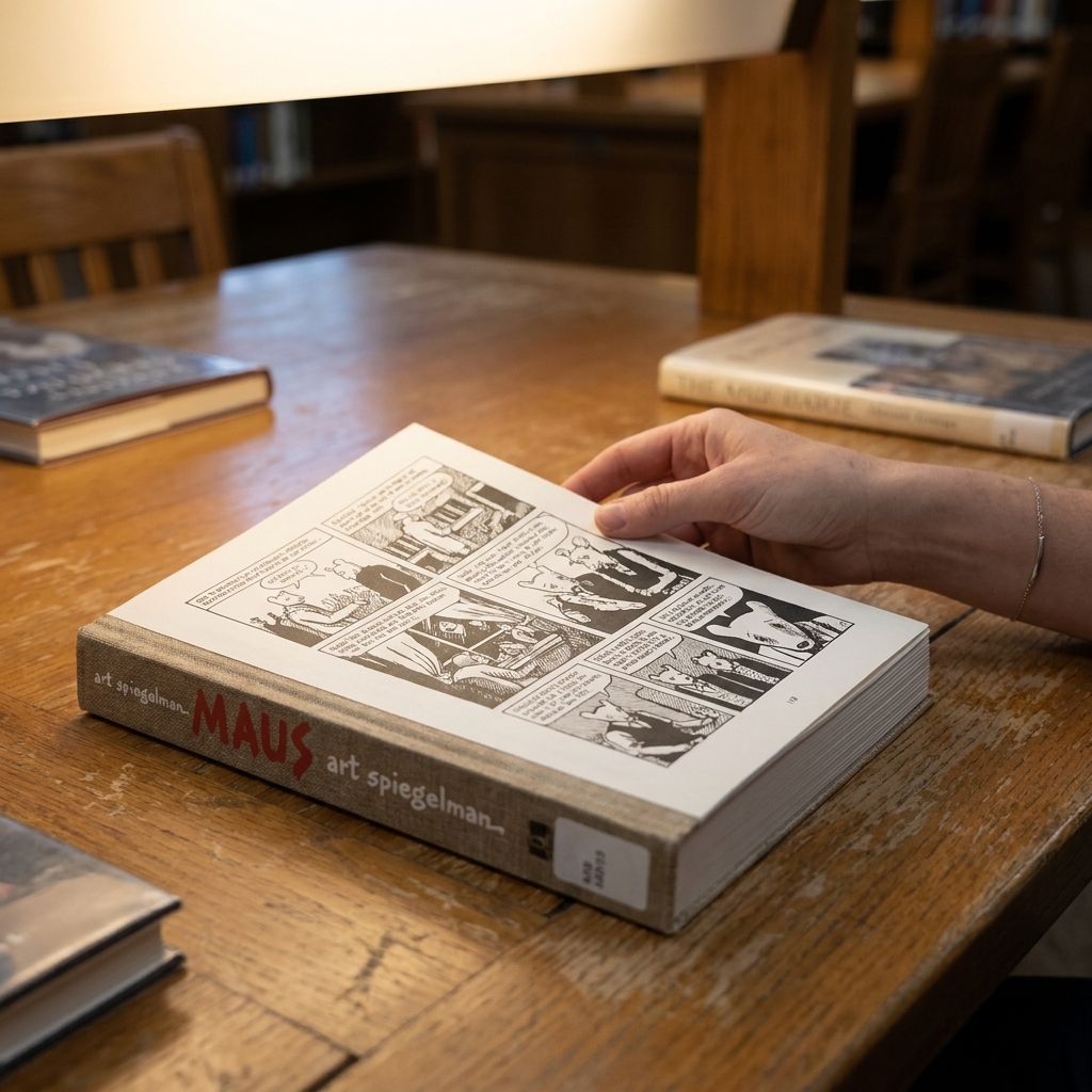 A close-up photograph of Maus by Art Spiegelman resting on a library table with soft overhead lighting