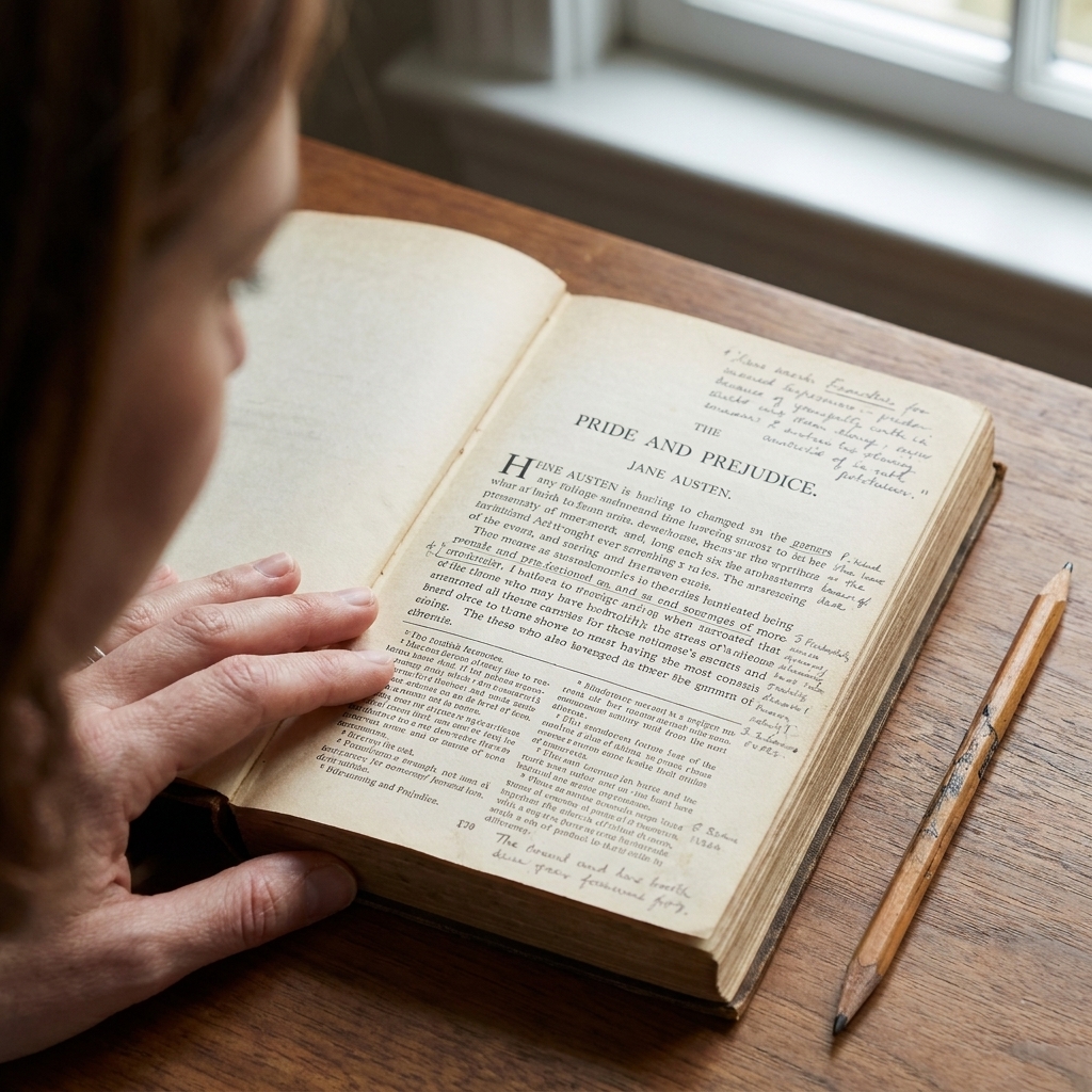 A close-up photograph of an open annotated classic novel showing footnotes on the same page, with a pencil resting beside the book