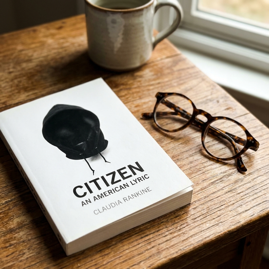 A close-up photograph of the book Citizen: An American Lyric by Claudia Rankine resting on a wooden table beside a pair of reading glasses