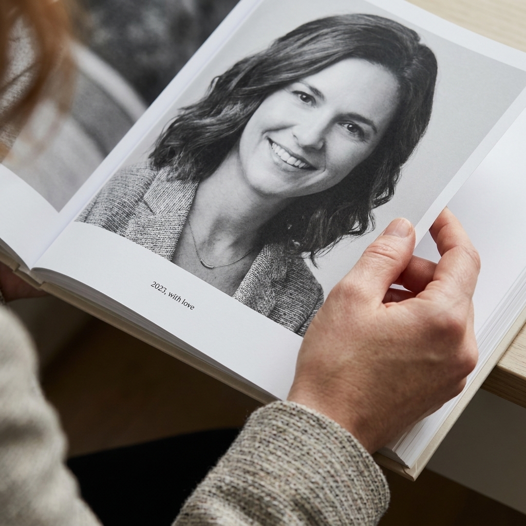 A close view of a photobook page with a small caption near the gutter and a full-bleed black-and-white photograph, with the reader’s finger holding the page open