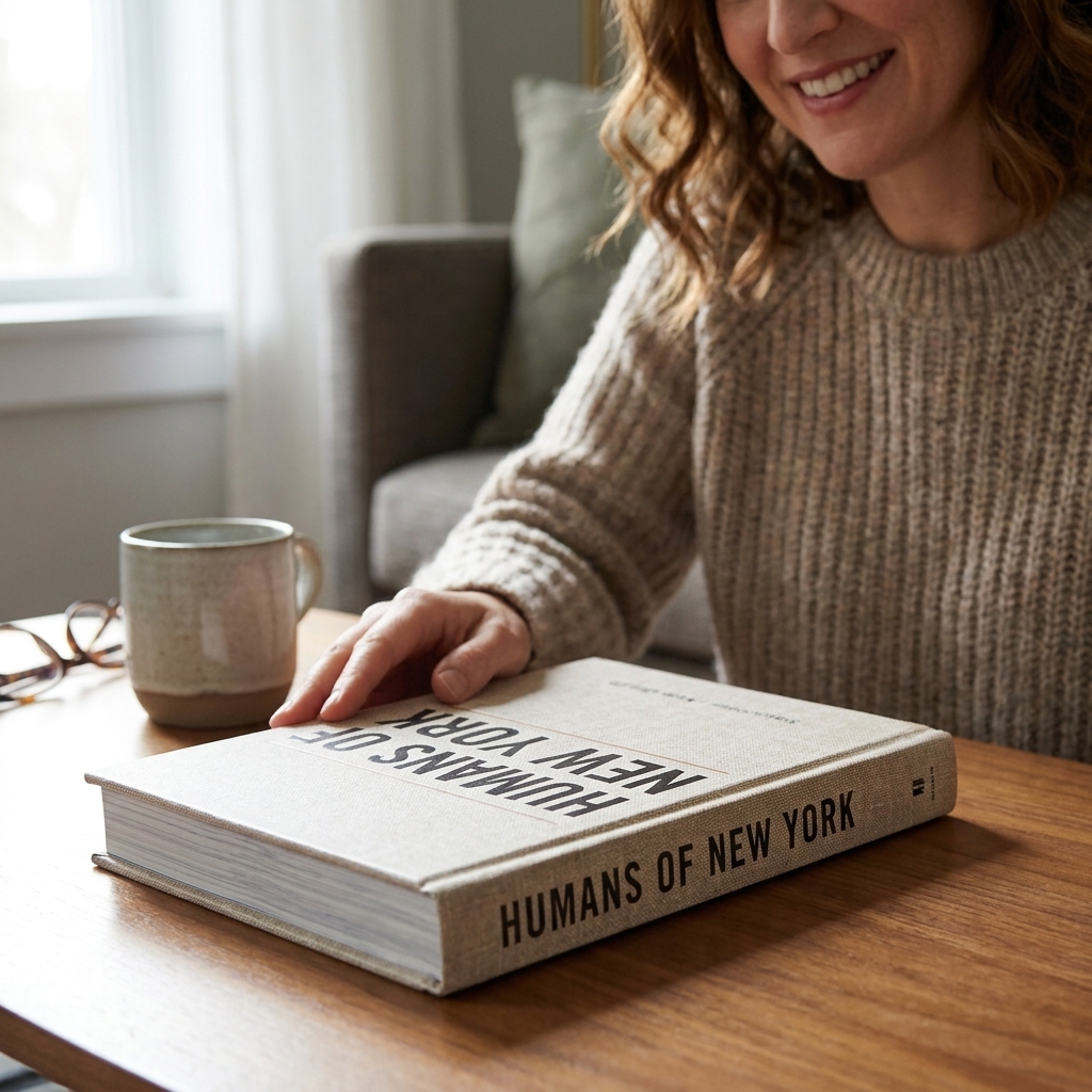 A close view of the hardcover book Humans of New York resting on a coffee table with soft window light hitting the cover