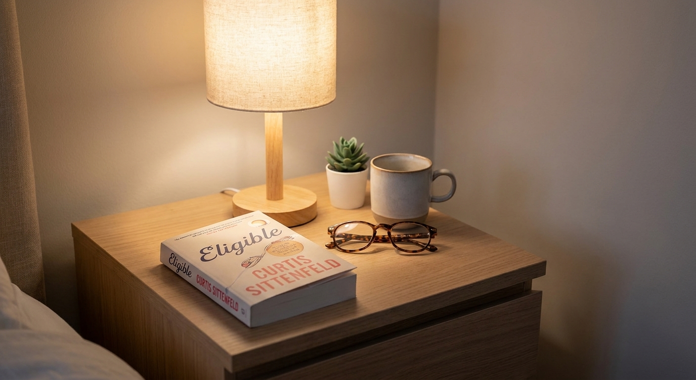 A contemporary paperback copy of Eligible by Curtis Sittenfeld on a tidy nightstand with reading glasses and a small lamp casting soft light