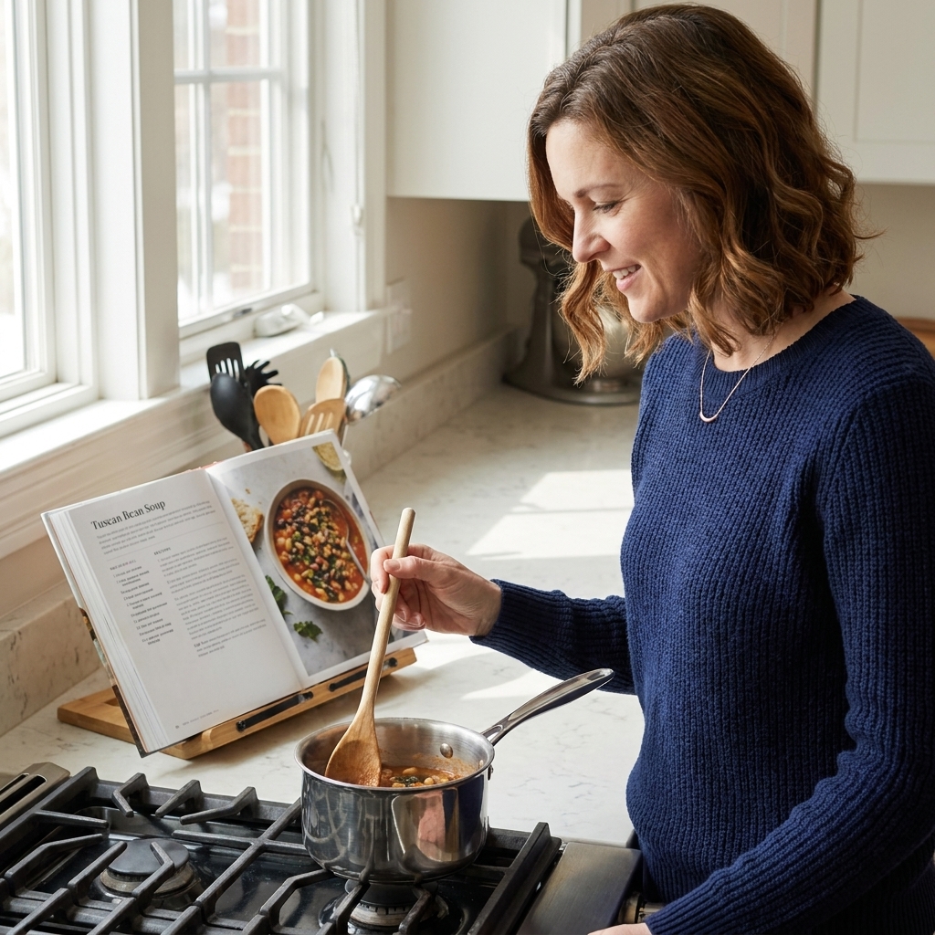 A cookbook resting on a wooden cookbook stand on a kitchen counter with a small pot simmering on the stove