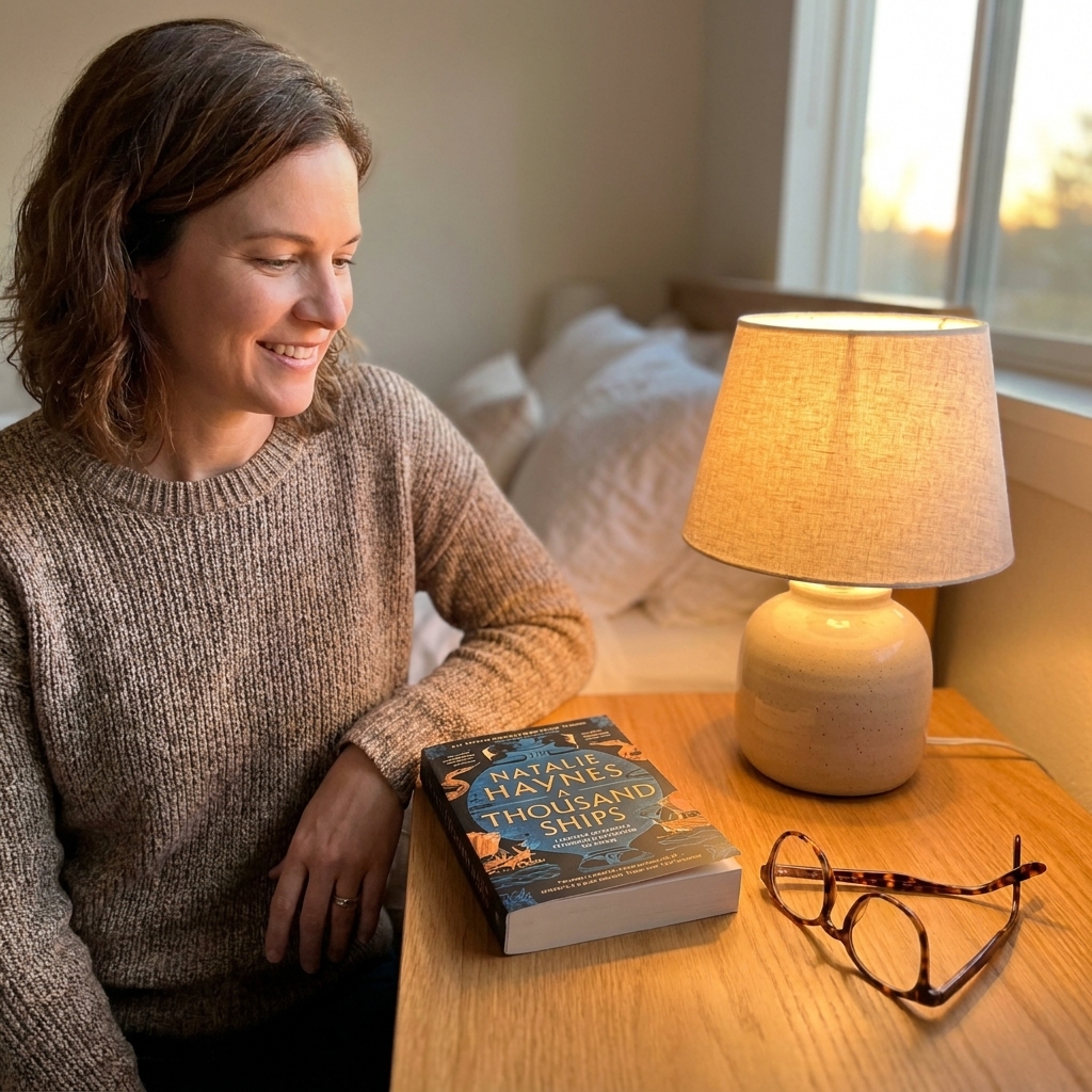 A copy of Natalie Haynes's A Thousand Ships on a bedside table beside reading glasses and a small lamp, warm evening light