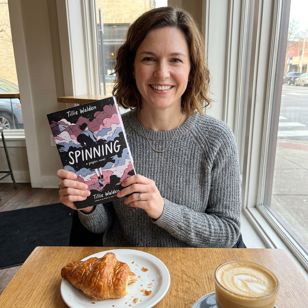 A copy of Spinning held in two hands above a coffee shop table, with a pastry plate and a window in the background
