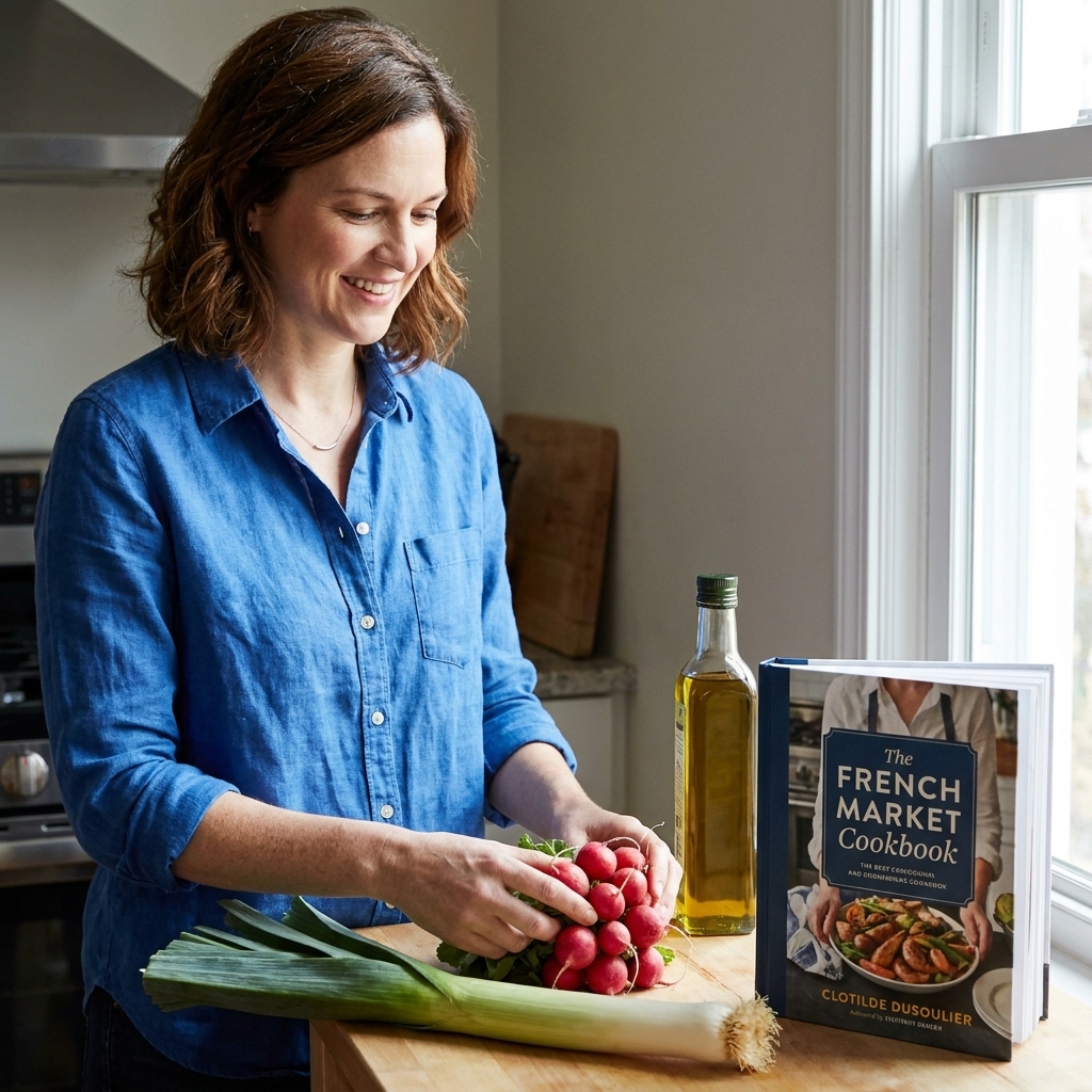 A copy of The French Market Cookbook by Clotilde Dusoulier on a kitchen counter next to a bunch of radishes, a leek, and a bottle of olive oil in natural window light