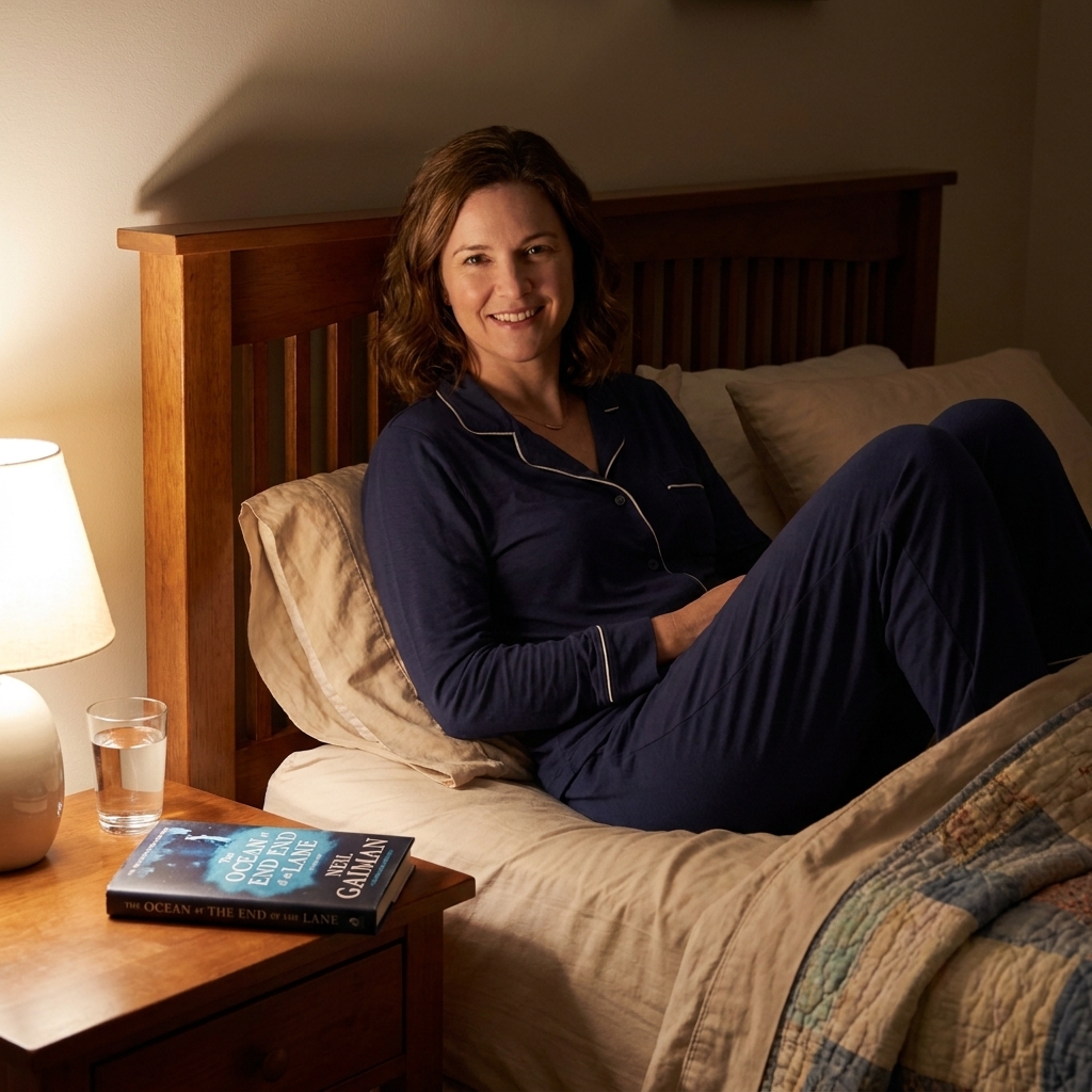 A copy of 'The Ocean at the End of the Lane' placed on a nightstand beside a small lamp and a glass of water in a dim, cozy bedroom