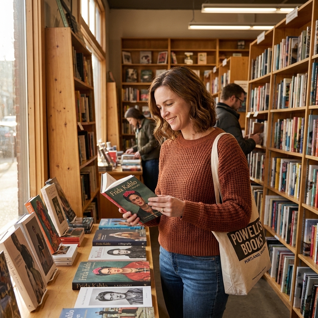 A cozy independent bookstore in Portland, Oregon with tall wooden shelves, warm window light, and a table display of art biographies
