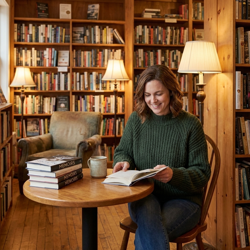 A cozy independent bookstore interior with wooden shelves, warm lamps, and a small table stacked with memoirs