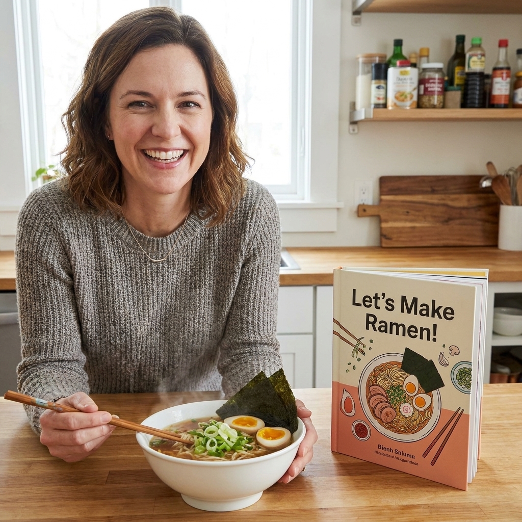 A cozy kitchen counter with an open copy of 'Let’s Make Ramen!' beside a steaming bowl of ramen topped with scallions and a soft-boiled egg