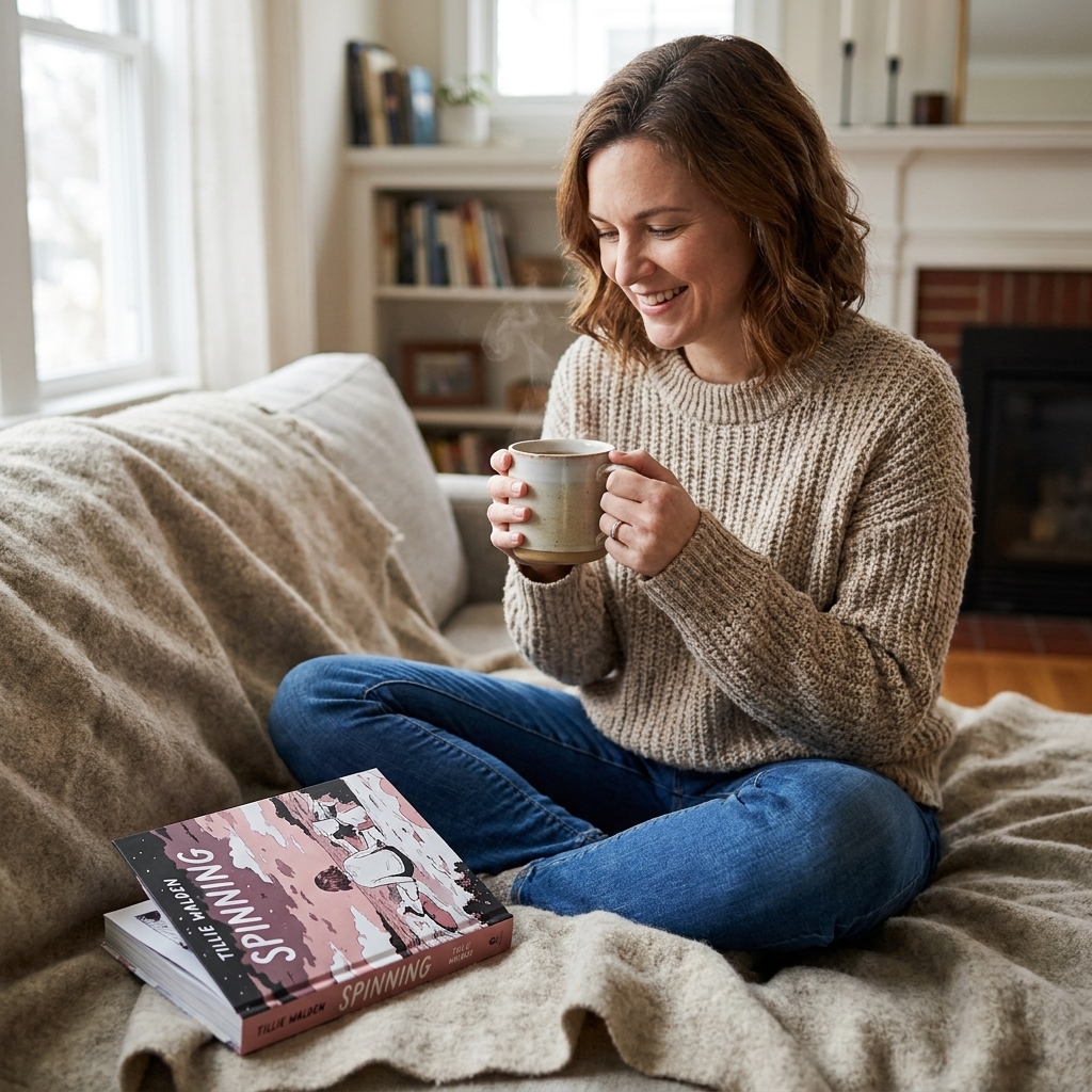 A cozy photograph of the book 'Spinning' by Tillie Walden on a rumpled blanket with a mug nearby