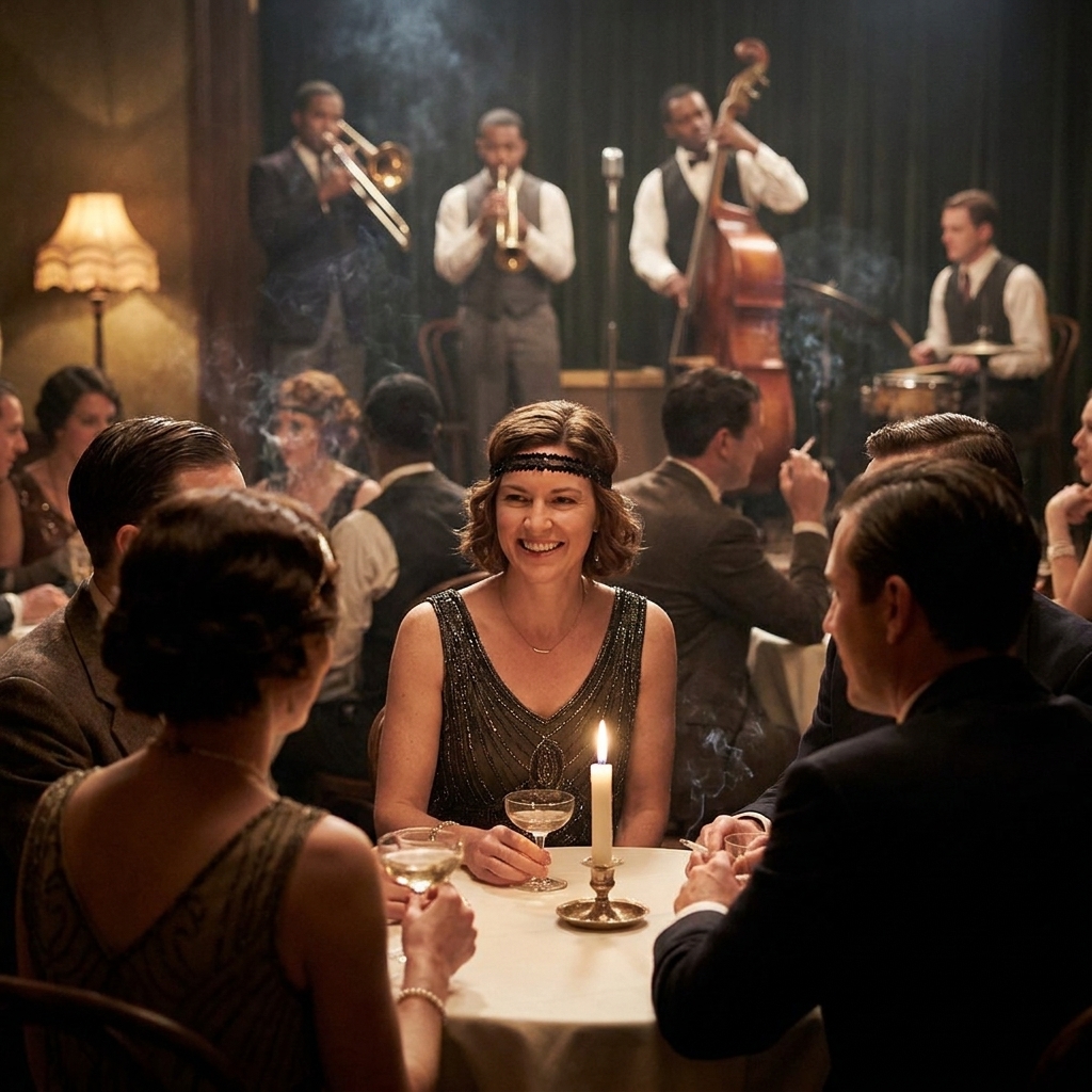 A crowded 1920s jazz club with a small band on stage and diners at candlelit tables in warm, smoky light.