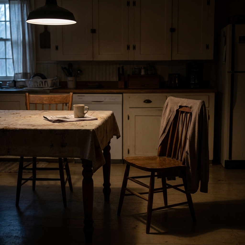 A dimly lit farmhouse kitchen with a single chair pulled away from a table, suggesting absence and quiet