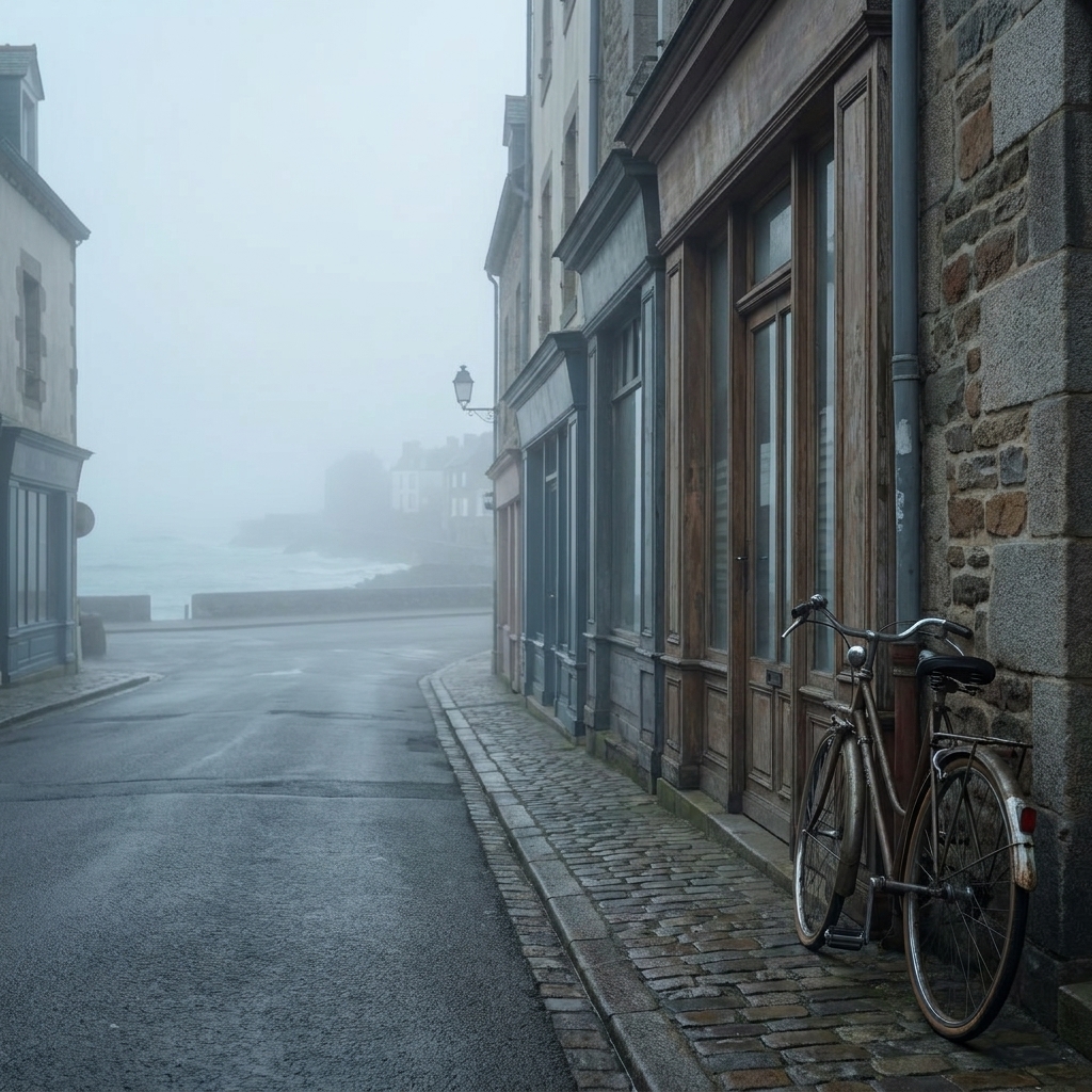 A foggy coastal town street with closed shopfronts and a single bicycle leaning against a wall, evoking an eerie quiet