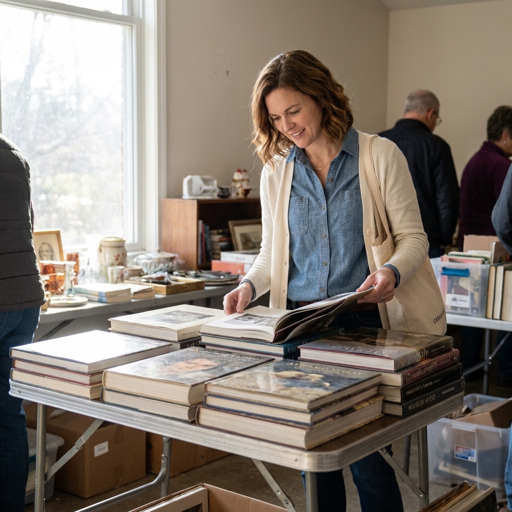 A folding table at an estate sale covered with stacks of large art books in soft window light