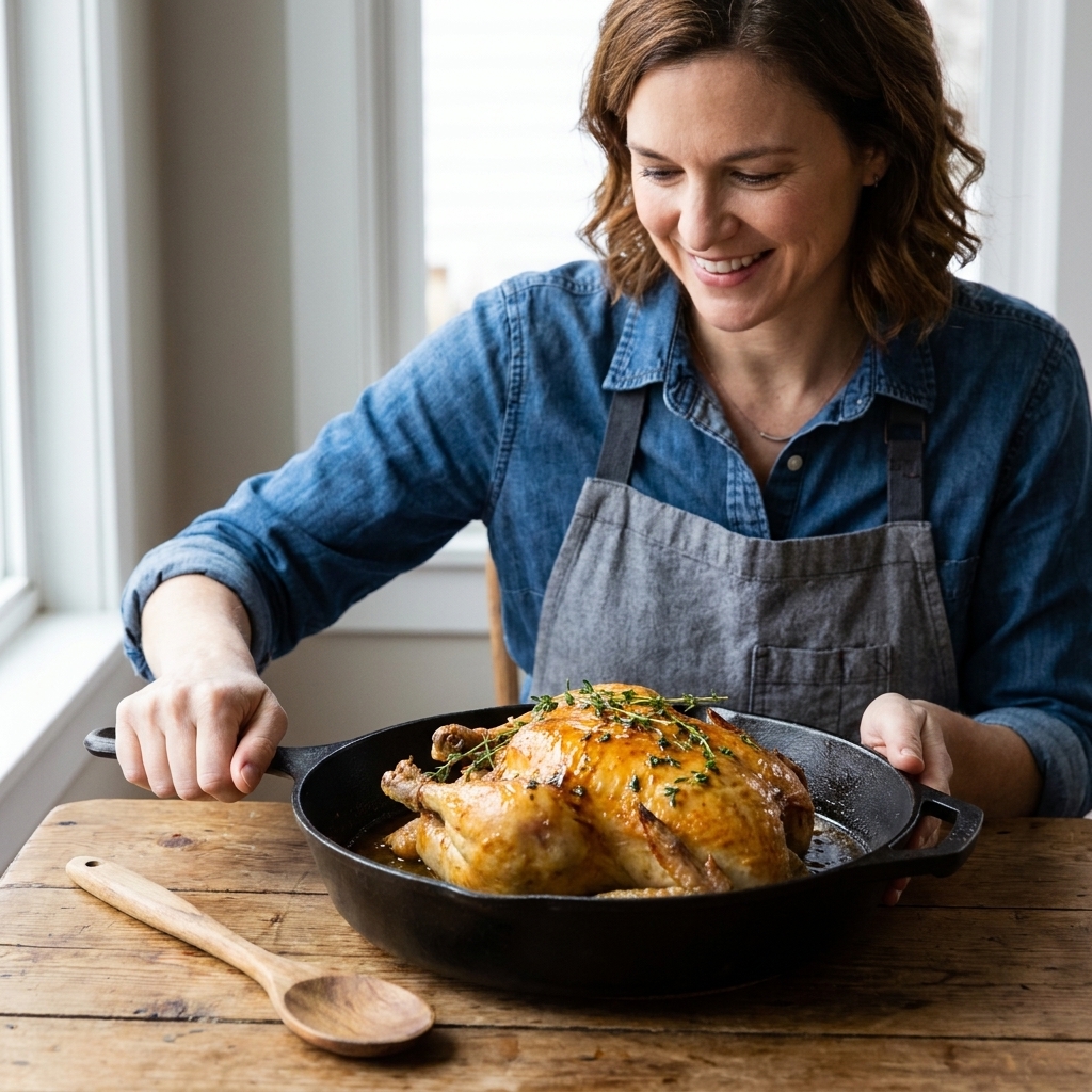 A golden roast chicken resting in a skillet with glossy pan jus, fresh thyme scattered on top, and a wooden spoon nearby on a rustic kitchen table