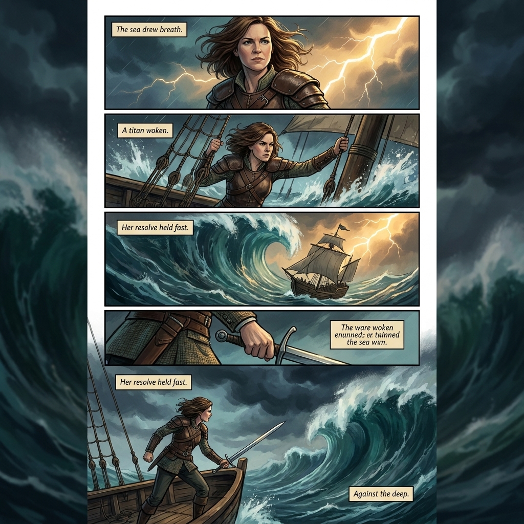 A graphic novel adaptation open to a dramatic mythic scene with a hero on a ship facing a looming sea, the panels guiding the eye like verse lines