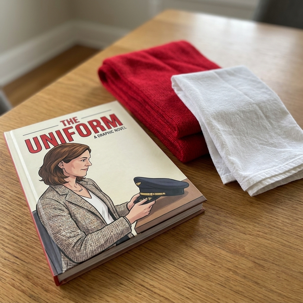 A graphic novel beside a red scarf and a folded white cloth, echoing the story’s uniform imagery