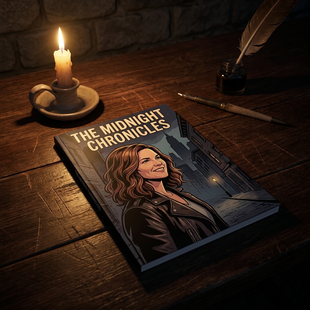A graphic novel on a dark wooden desk with a single candle burning nearby