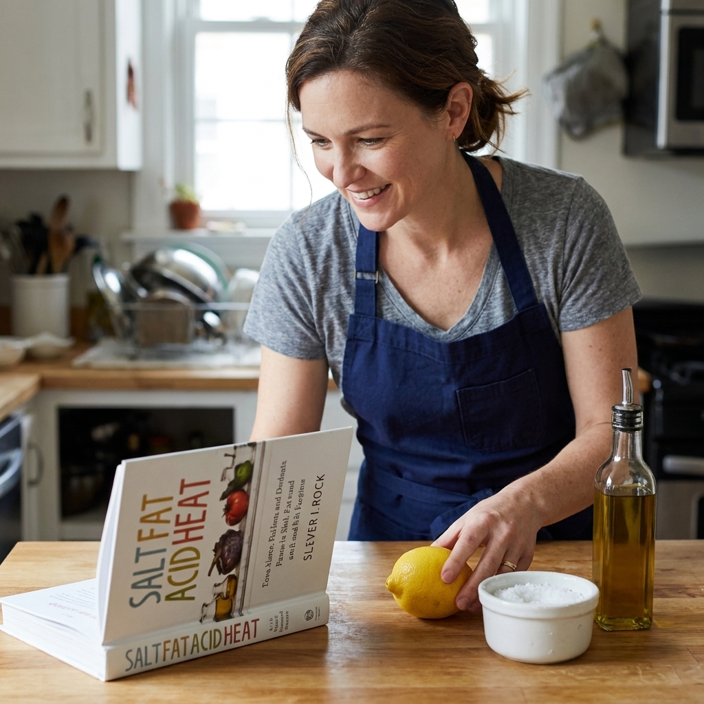 A hands-on kitchen scene with an open copy of 'Salt Fat Acid Heat' on a countertop next to a lemon, a small bowl of salt, and a bottle of olive oil