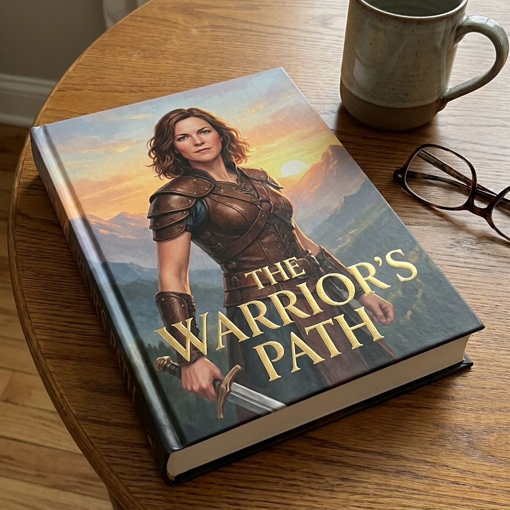 A hardcover book with illustrated cover art resting on a table, suggesting a mythic warrior story