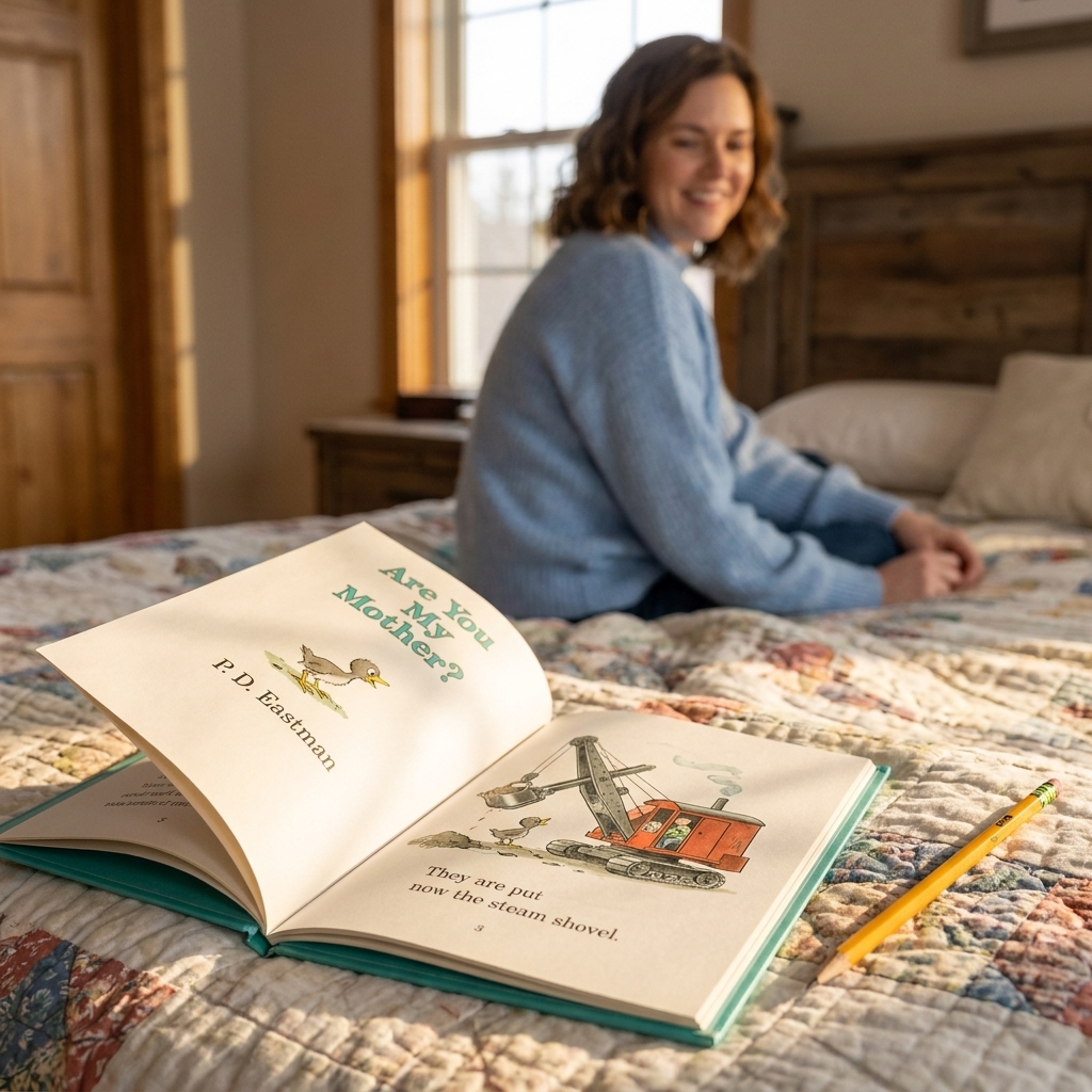 A hardcover copy of Are You My Mother? open on a bedspread with a pencil nearby, morning light falling across the pages