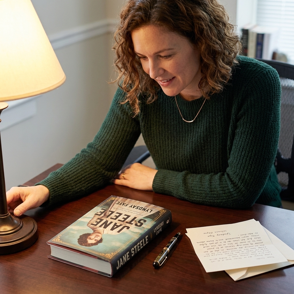 A hardcover copy of Lyndsay Faye's Jane Steele on a dark wooden desk beside a fountain pen and a folded letter, lamplight pooling warmly across the cover