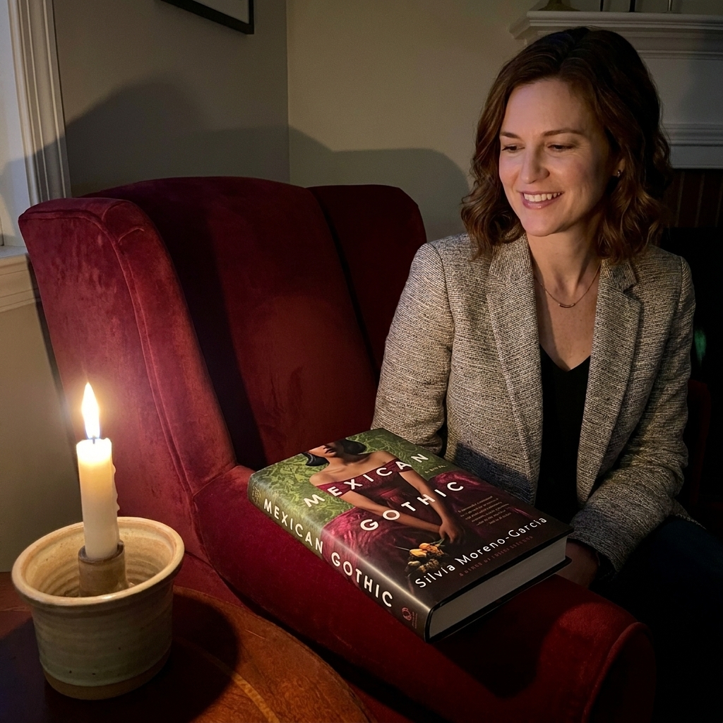 A hardcover copy of Mexican Gothic by Silvia Moreno-Garcia on a velvet armchair beside a lit candle, evening shadows pooling in the room