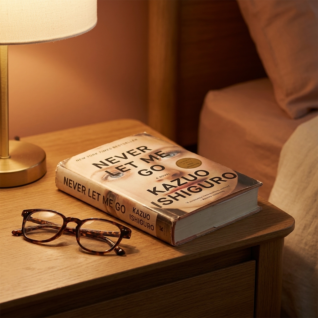 A hardcover copy of Never Let Me Go by Kazuo Ishiguro on a bedside table beside reading glasses