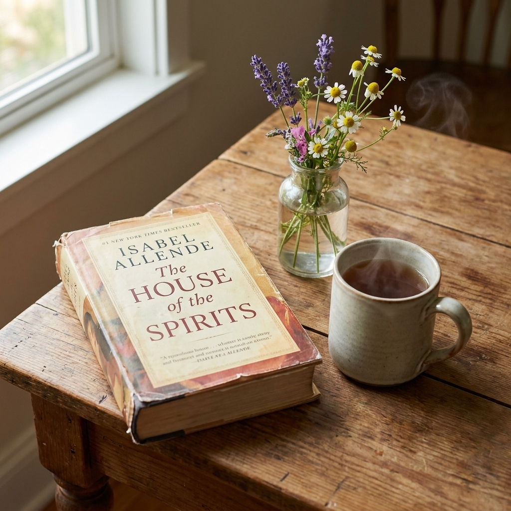 A hardcover copy of 'The House of the Spirits' resting on a wooden table beside a cup of tea and a small vase of flowers