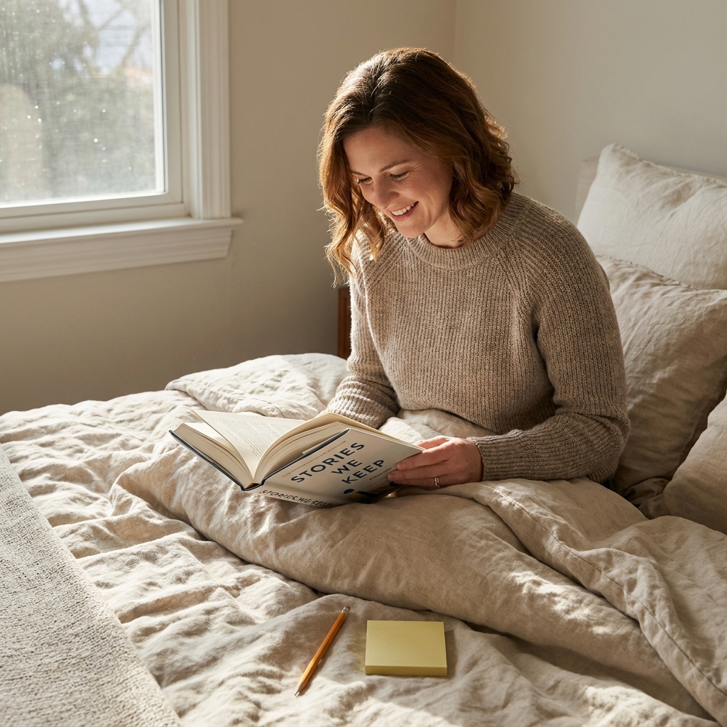 A hardcover memoir lying open on a rumpled linen bedspread with a pencil and a small stack of sticky notes nearby, afternoon light falling across the pages