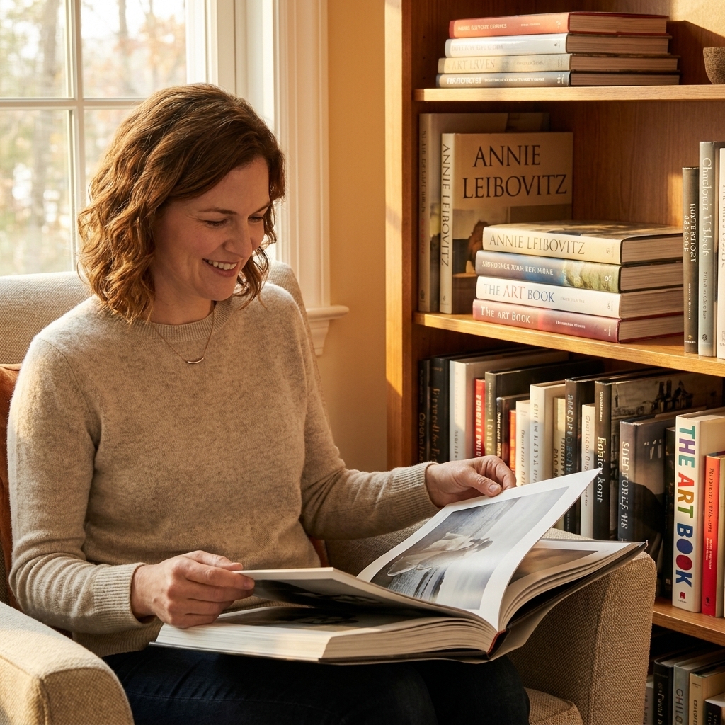 A home bookshelf with several large art and photography books stacked neatly, lit by warm afternoon light