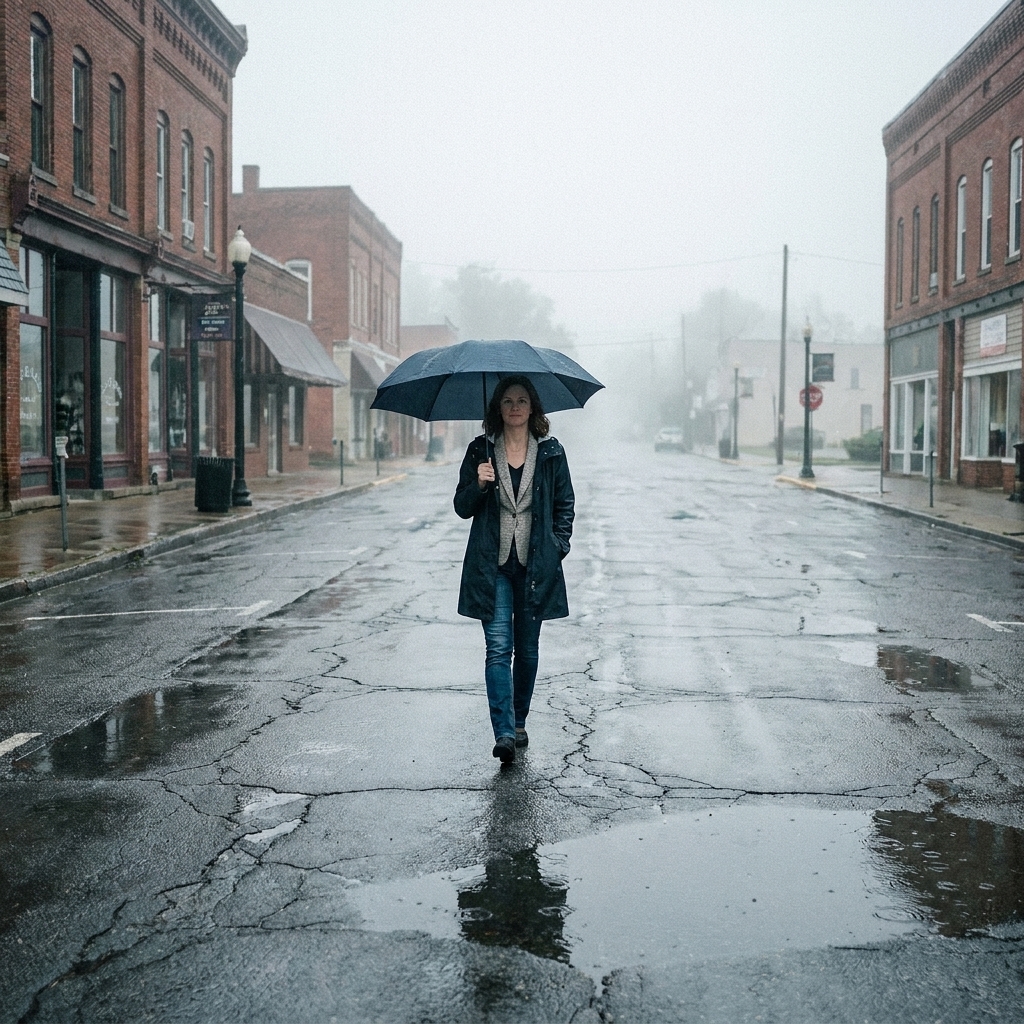A humid, overcast street scene in a small town with puddles on cracked pavement and a distant figure under an umbrella