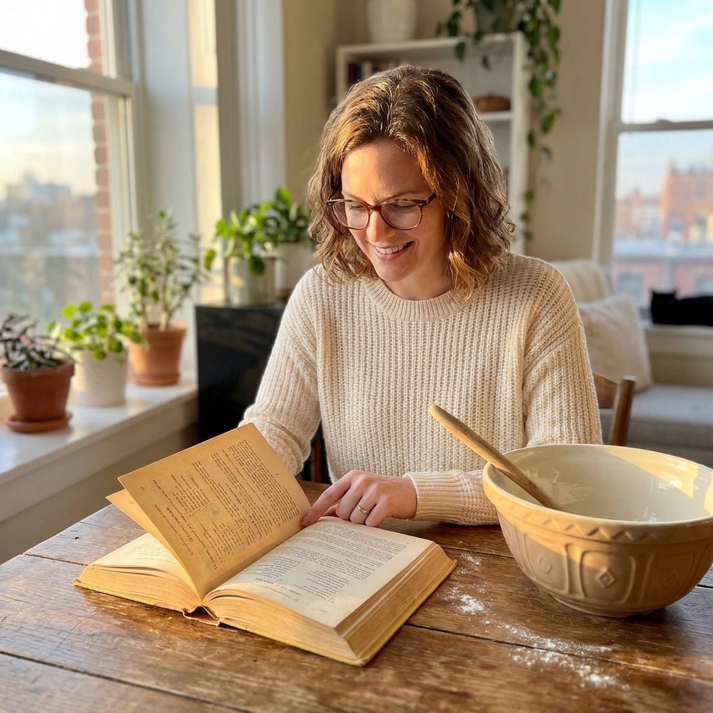 A kitchen table with an open vintage cookbook, a mixing bowl, and afternoon light across the pages