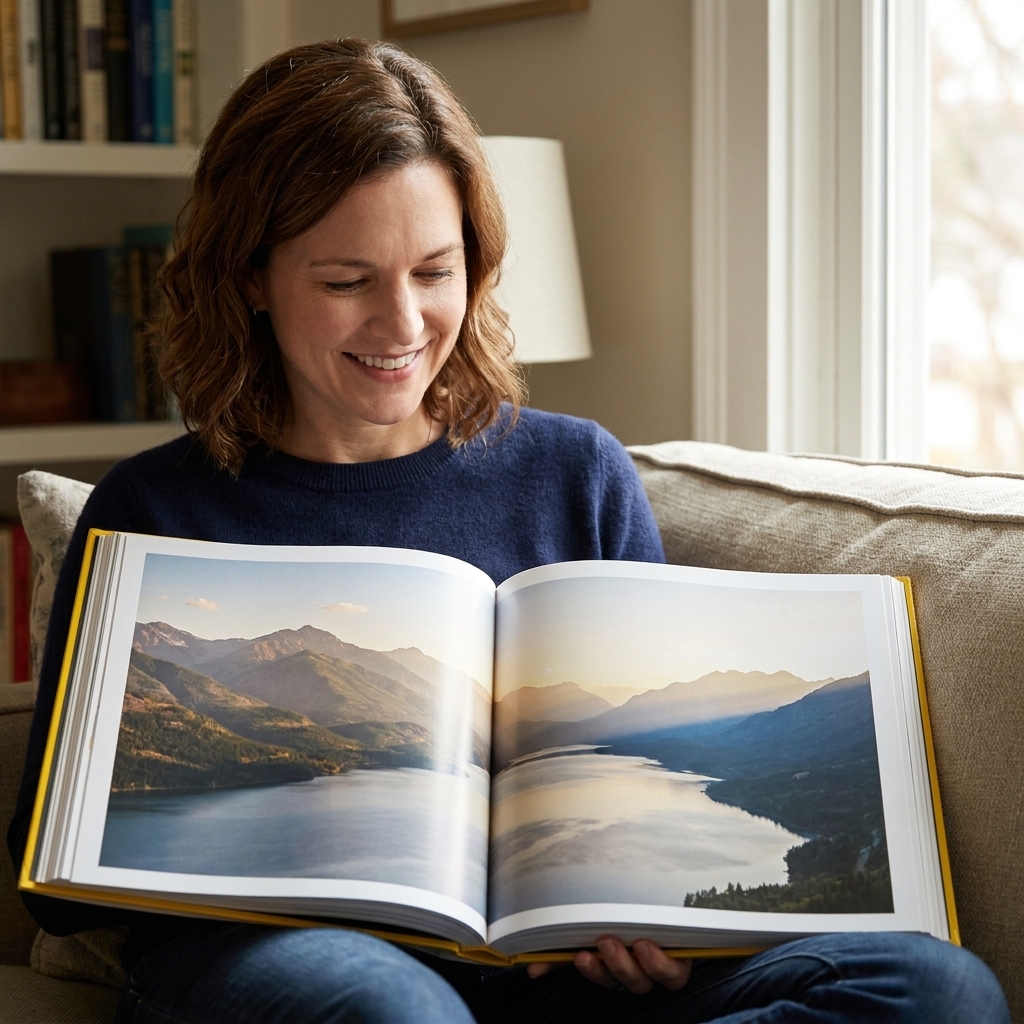 A large National Geographic book open to a wide landscape photograph of mountains and a lake, with soft light across the pages