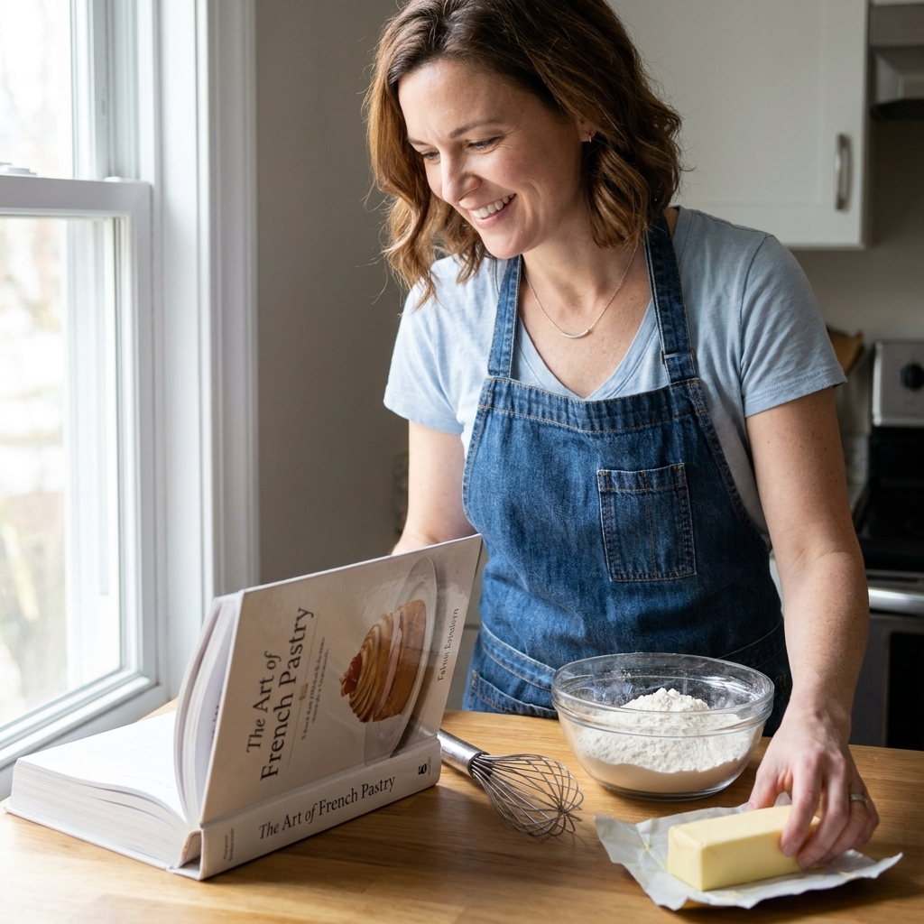 A large baking textbook on a counter next to a whisk, a bowl of flour, and a slab of butter ready for mixing