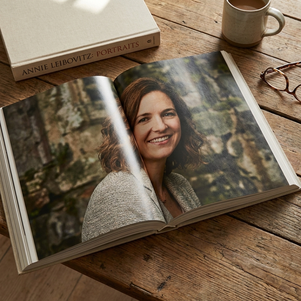 A large-format Annie Leibovitz portrait book opened to a full-bleed photograph on a wooden table