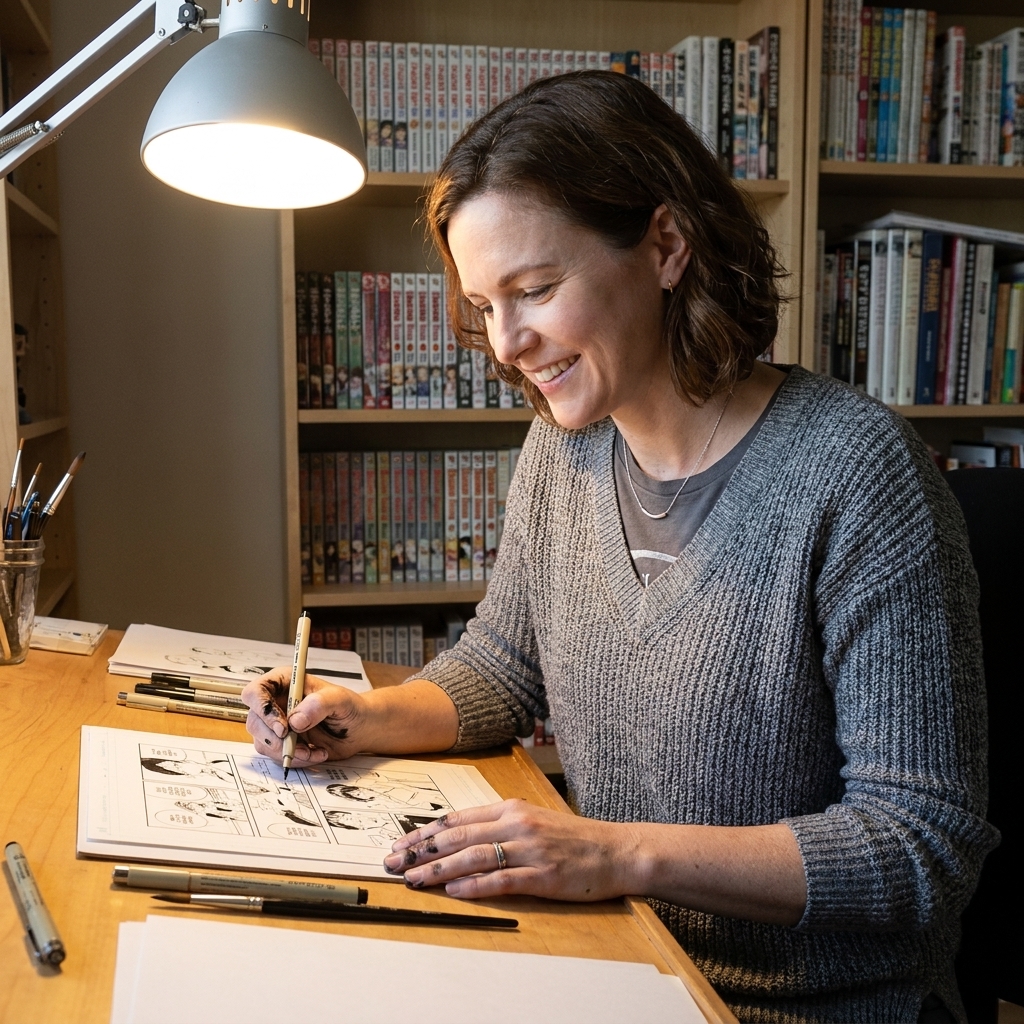 A manga artist seated at a drawing desk with pens and paper, working under a bright desk lamp in a tidy studio space, documentary-style lighting