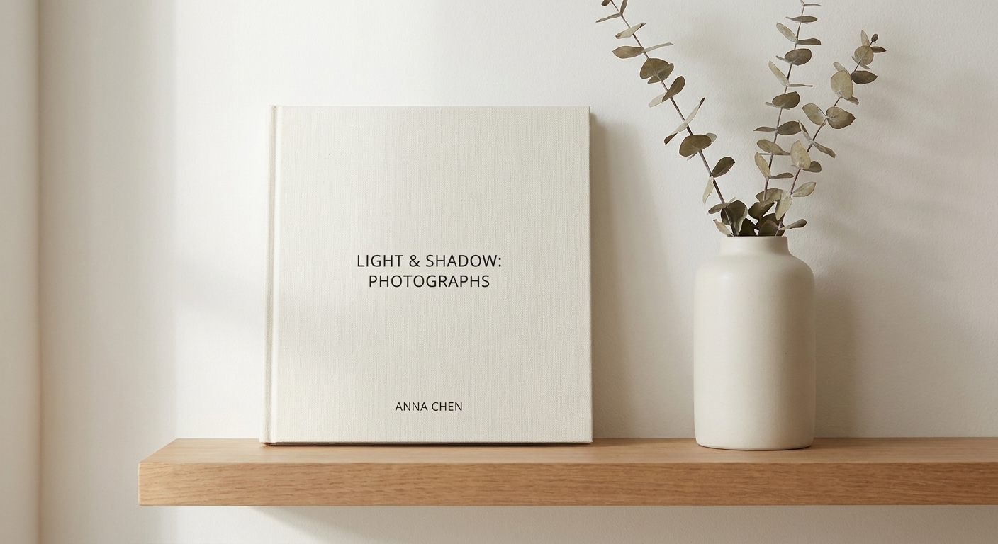 A minimalist hardcover photography book on a clean shelf with soft daylight and a simple ceramic vase nearby
